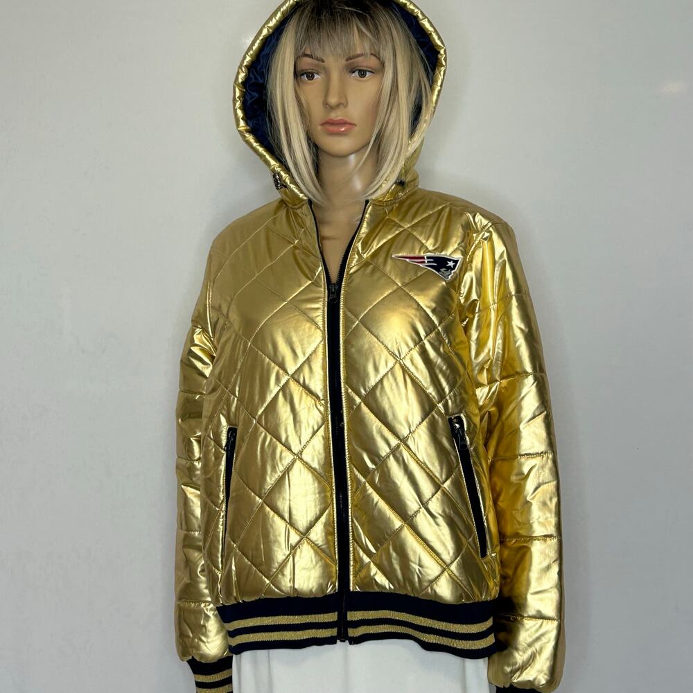 NFL New England Patriots Women XL Gold Metallic Quilted Hooded Puffer Jacket